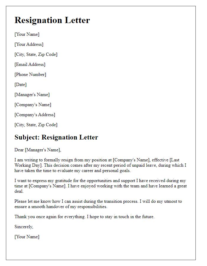 Letter template of resignation post-unpaid leave.