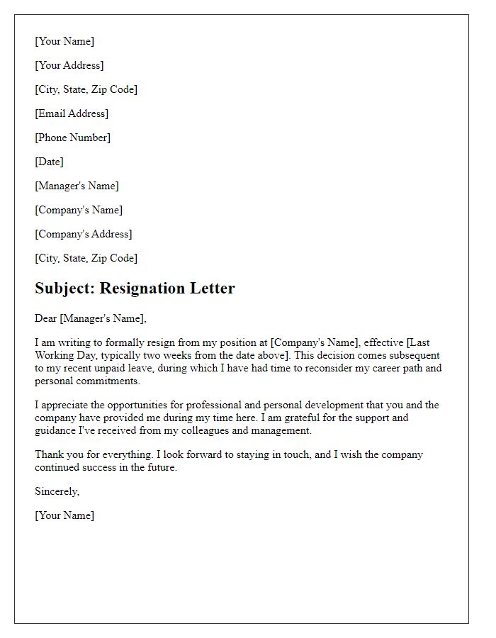 Letter template of resignation subsequent to unpaid leave.