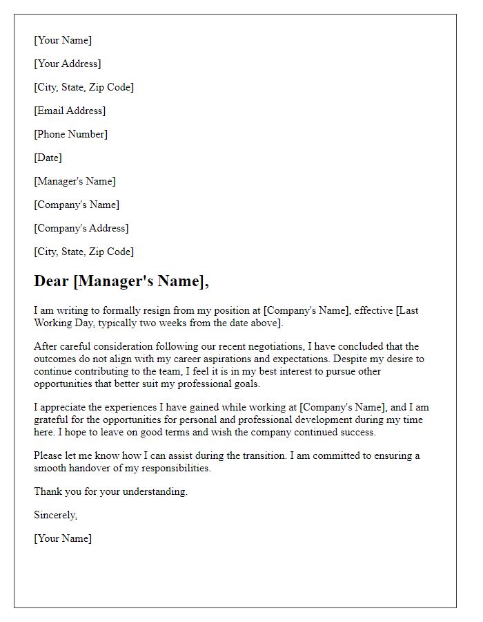 Letter template of resignation after disappointing negotiation outcomes.