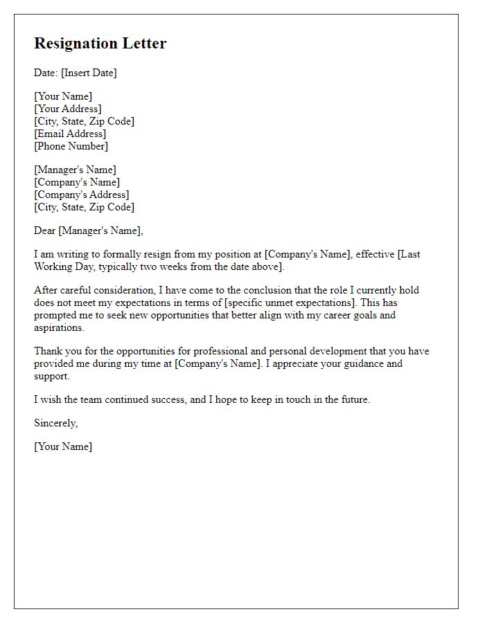 Letter template of resignation due to unmet job expectations.