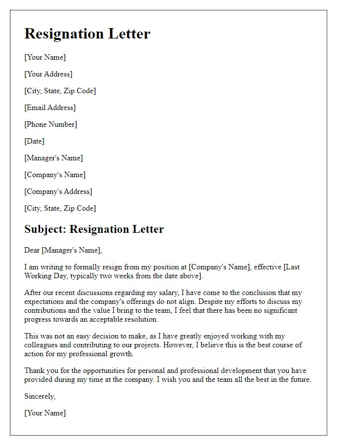 Letter template of resignation following unproductive salary discussions.