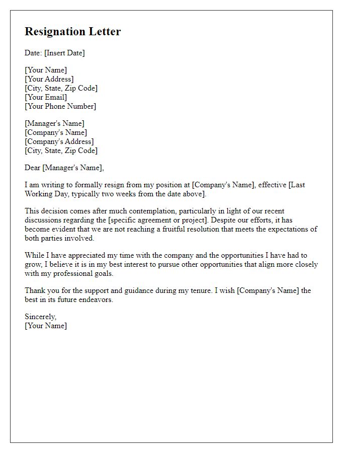 Letter template of resignation prompted by unfruitful agreement discussions.