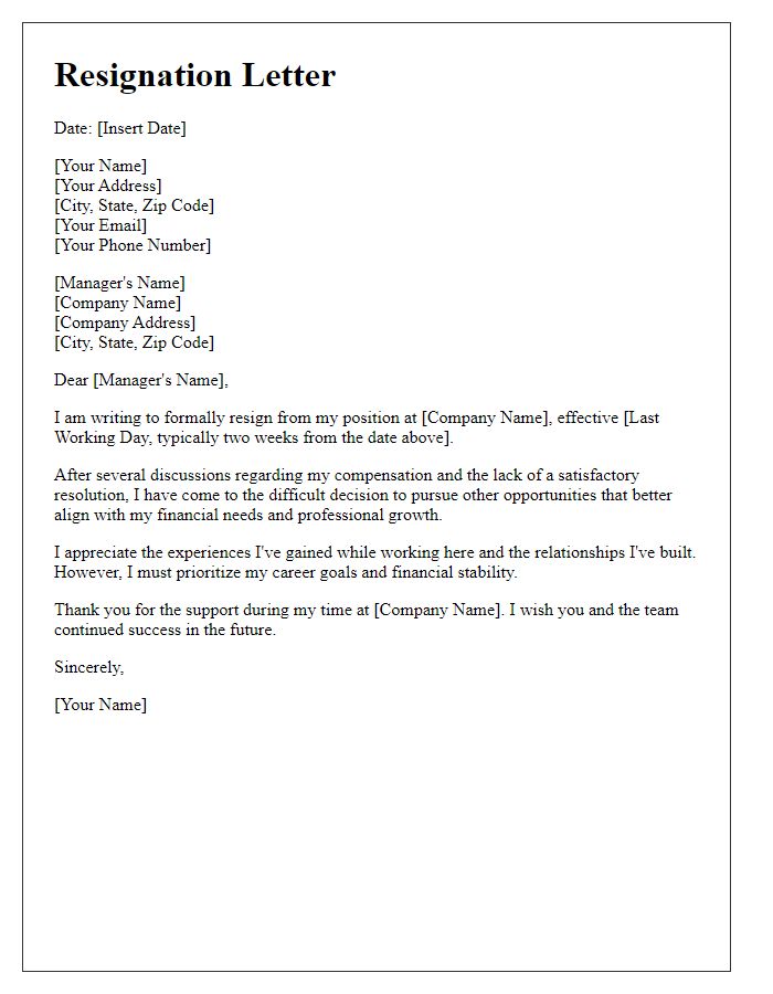 Letter template of resignation related to ineffective compensation talks.