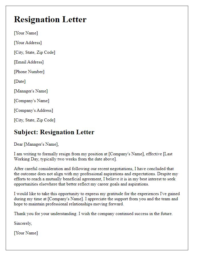 Letter template of resignation stemming from unsatisfactory negotiation results.