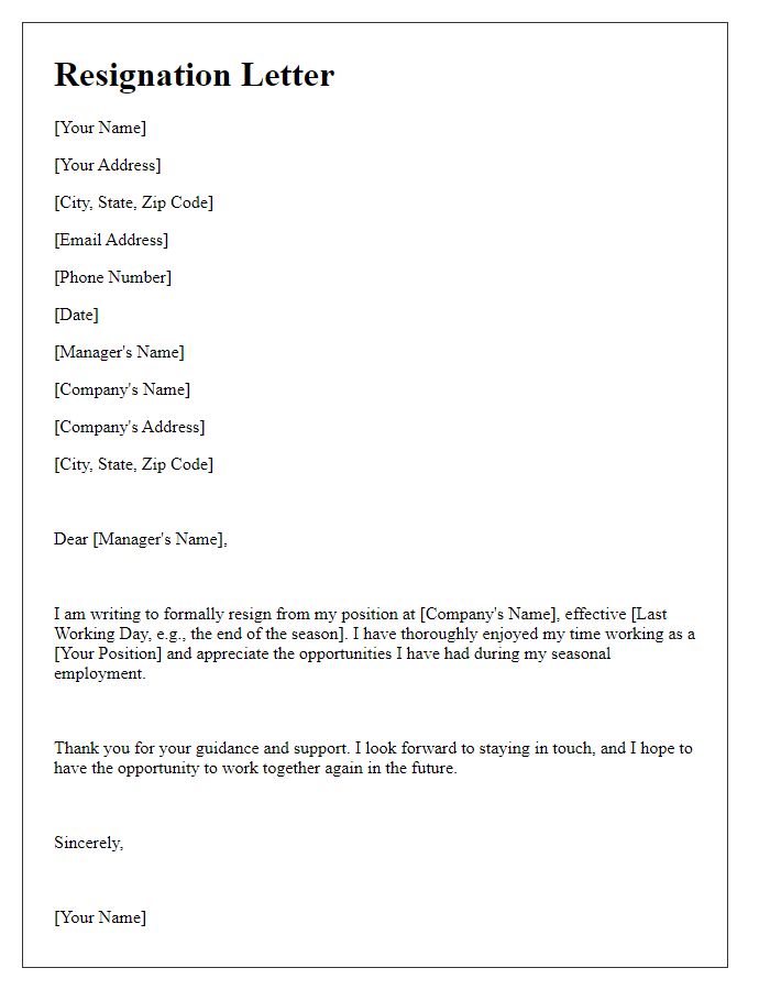 Letter template of resignation after completing seasonal work.