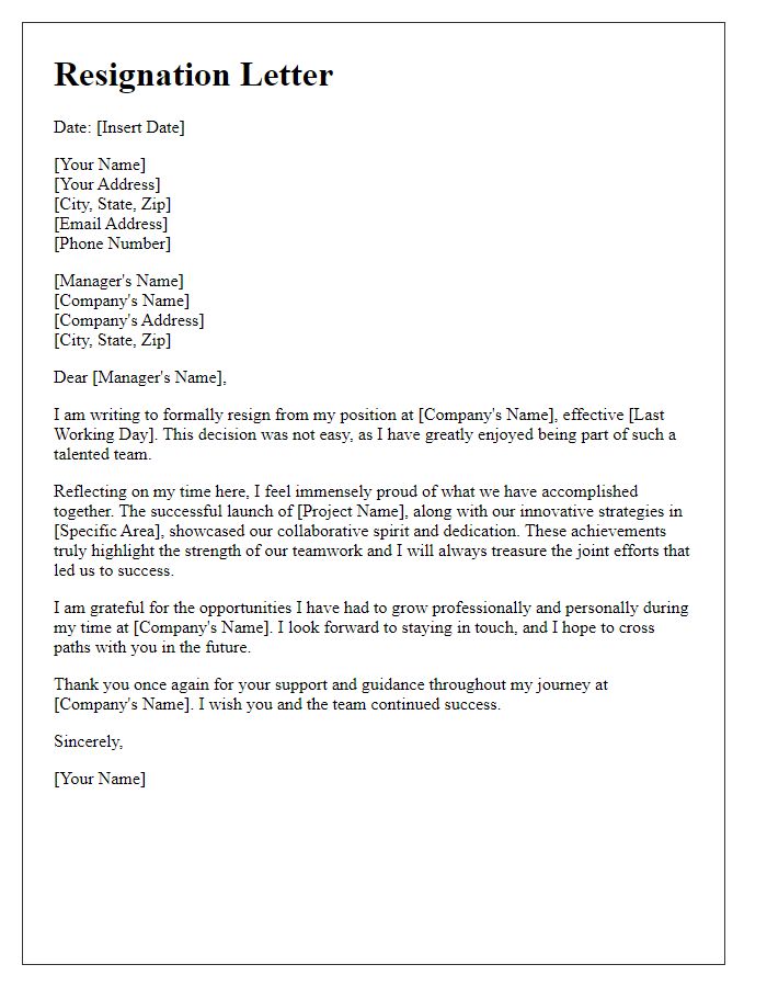 Letter template of resignation celebrating collaborative successes.