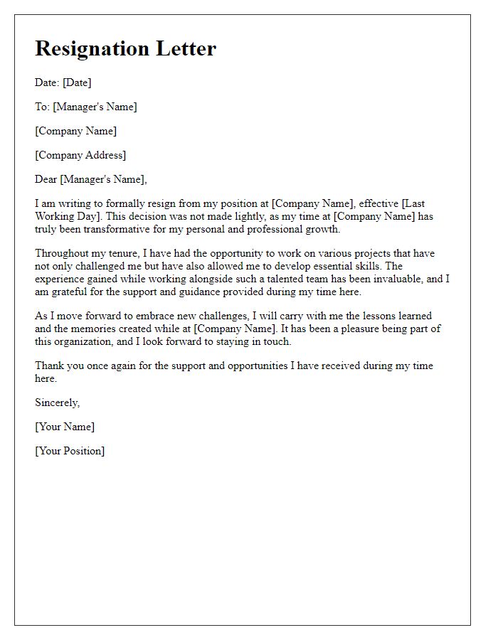 Letter template of resignation focusing on transformative job experiences.