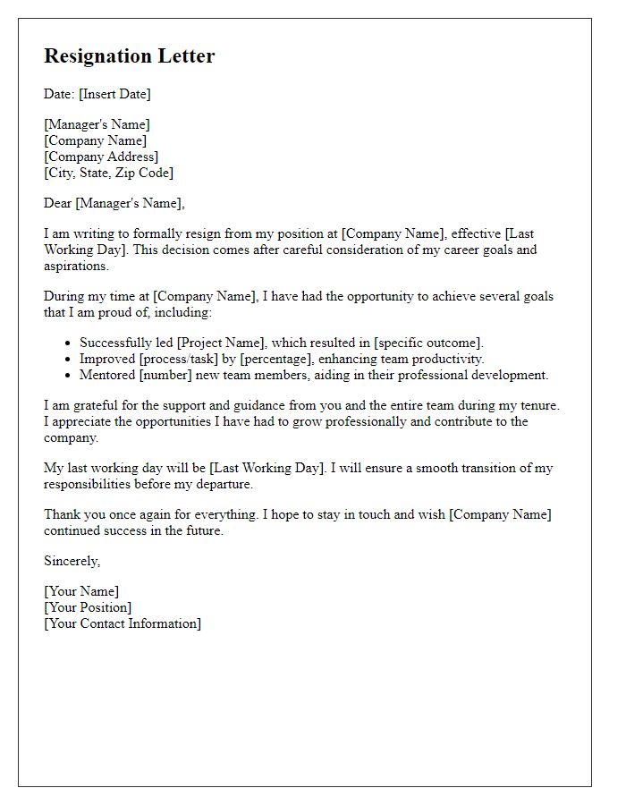 Letter template of resignation outlining goals achieved while employed.