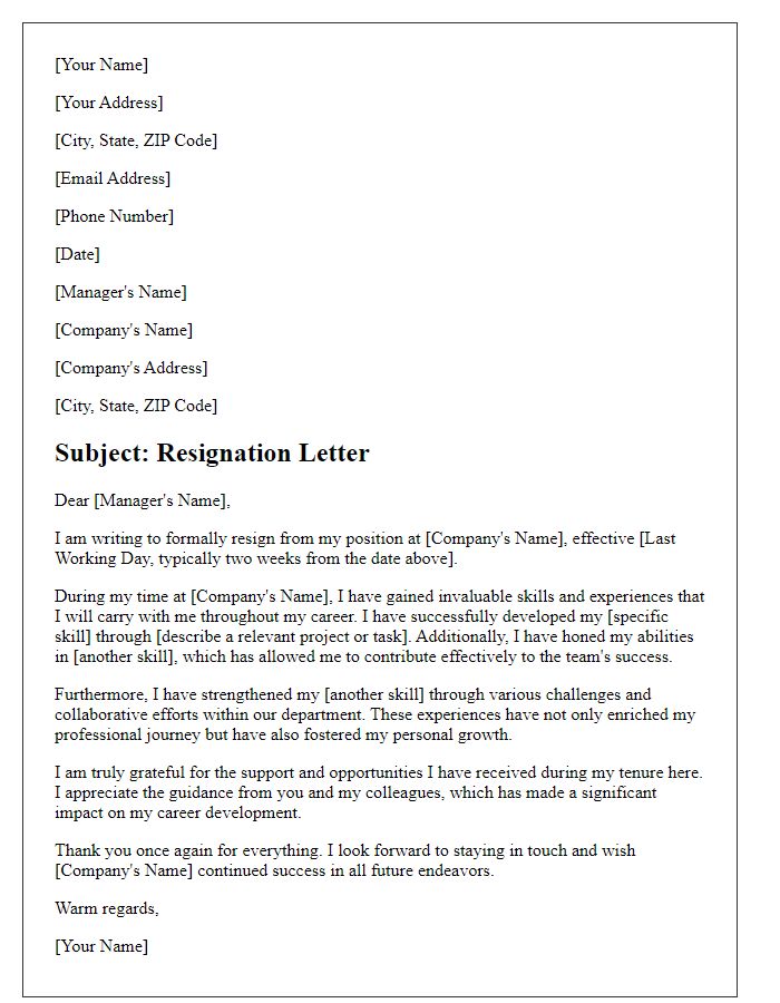 Letter template of resignation presenting skills acquired during employment.