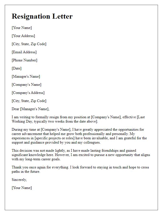 Letter template of resignation showcasing career advancement experiences.