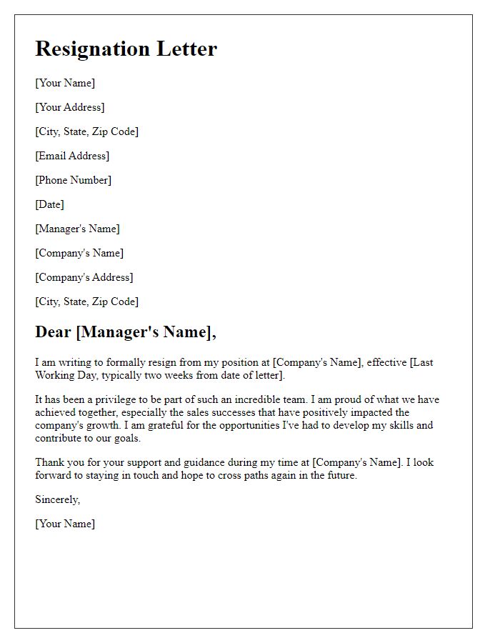 Letter template of resignation after contributing to sales success