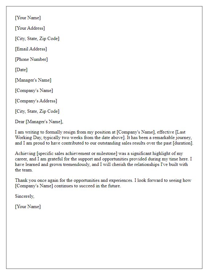 Letter template of resignation after delivering outstanding sales results