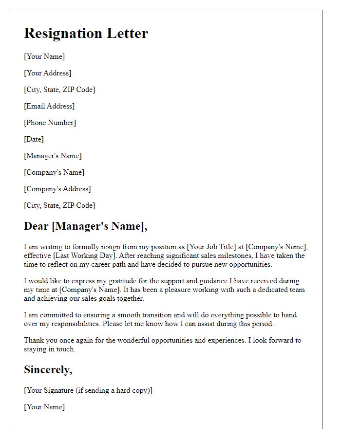 Letter template of resignation after reaching sales milestones