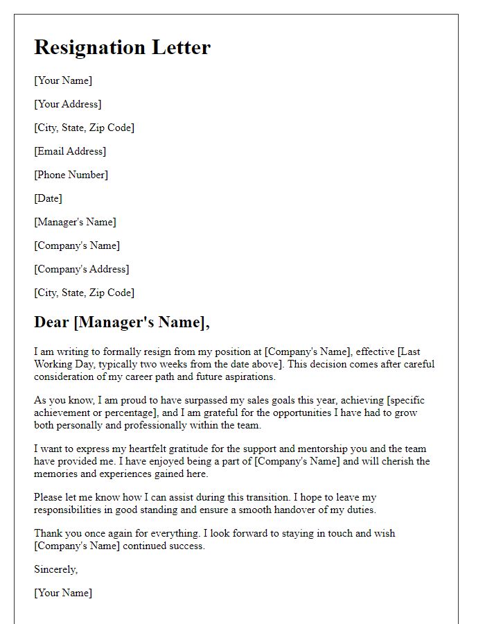 Letter template of resignation after surpassing sales goals