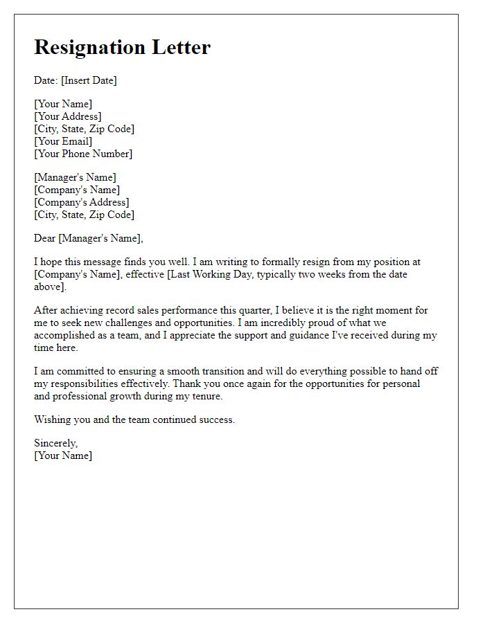 Letter template of resignation following record sales performance