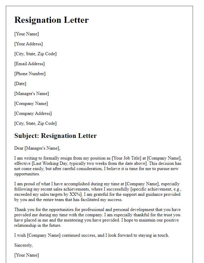 Letter template of resignation following successful sales performance