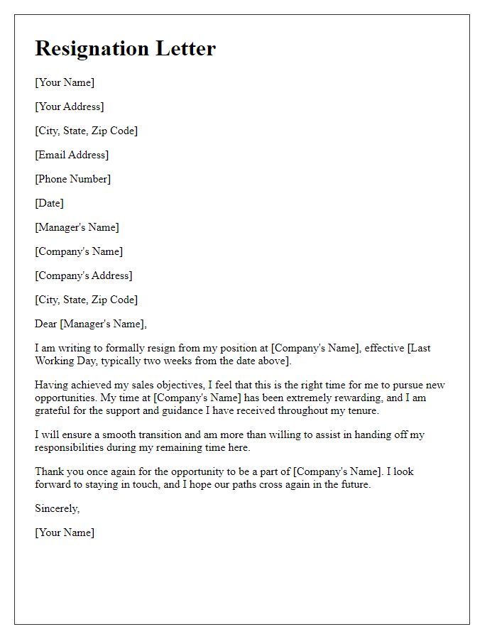 Letter template of resignation upon achieving sales objectives