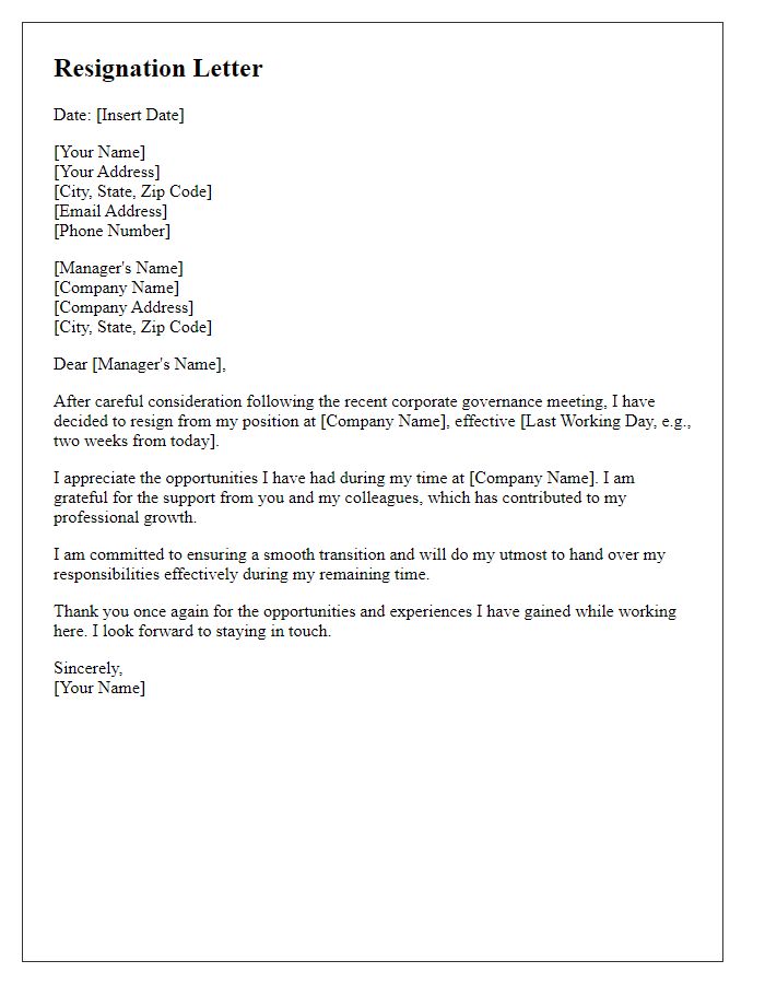 Letter template of resignation after corporate governance meeting