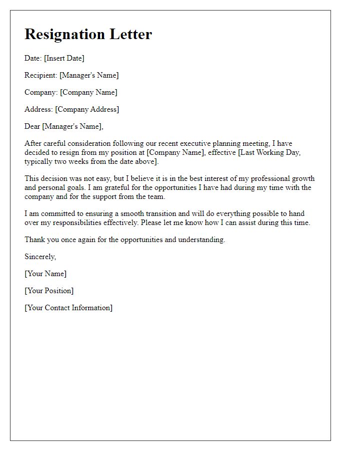 Letter template of resignation after executive planning meeting