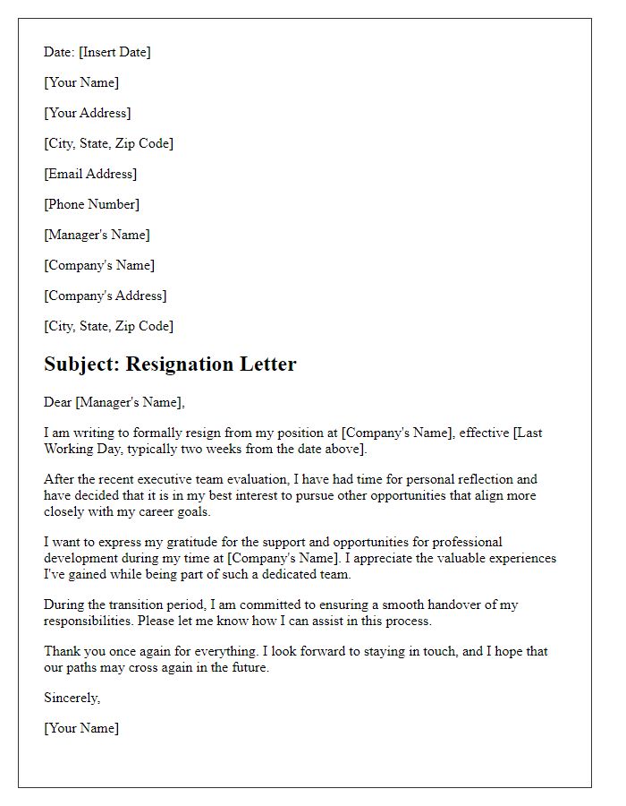 Letter template of resignation after executive team evaluation