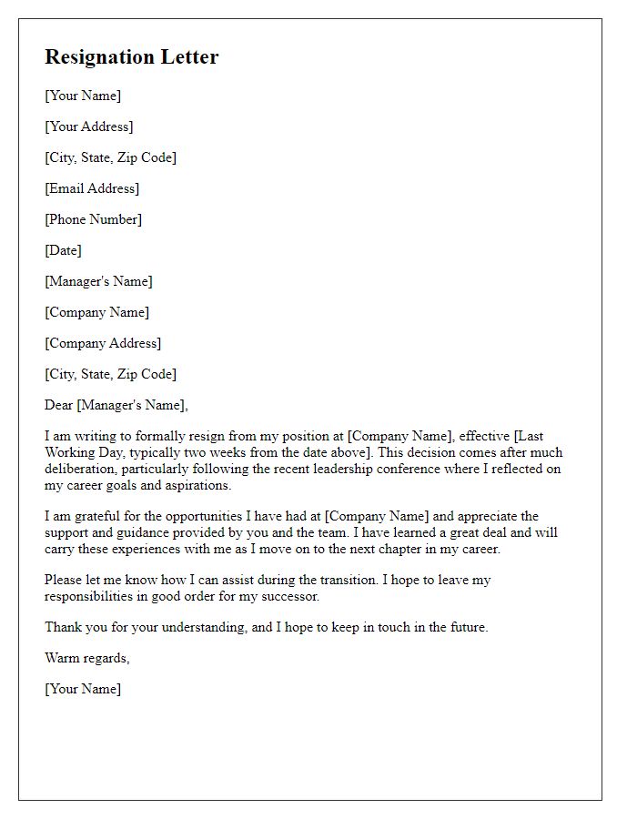 Letter template of resignation after leadership conference