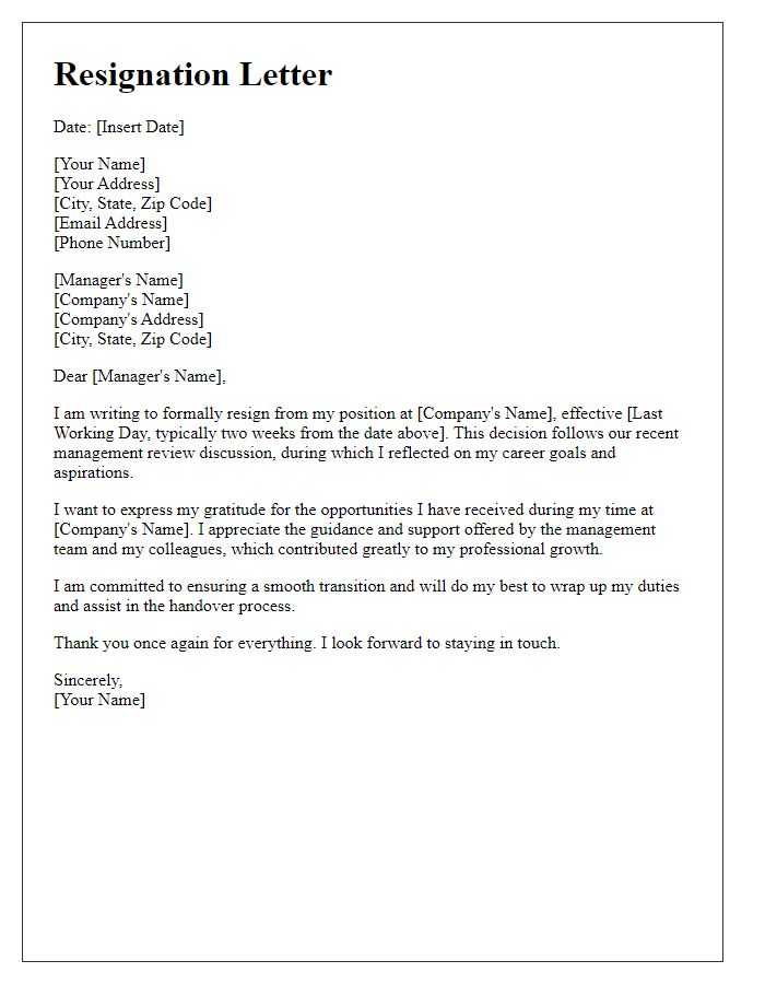 Letter template of resignation subsequent to management review