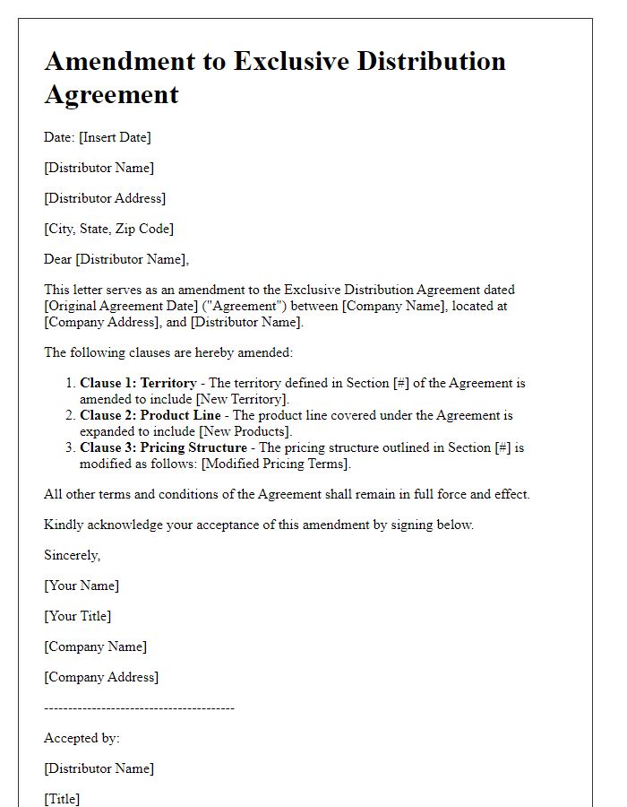 Letter template of exclusive distribution agreement amendment