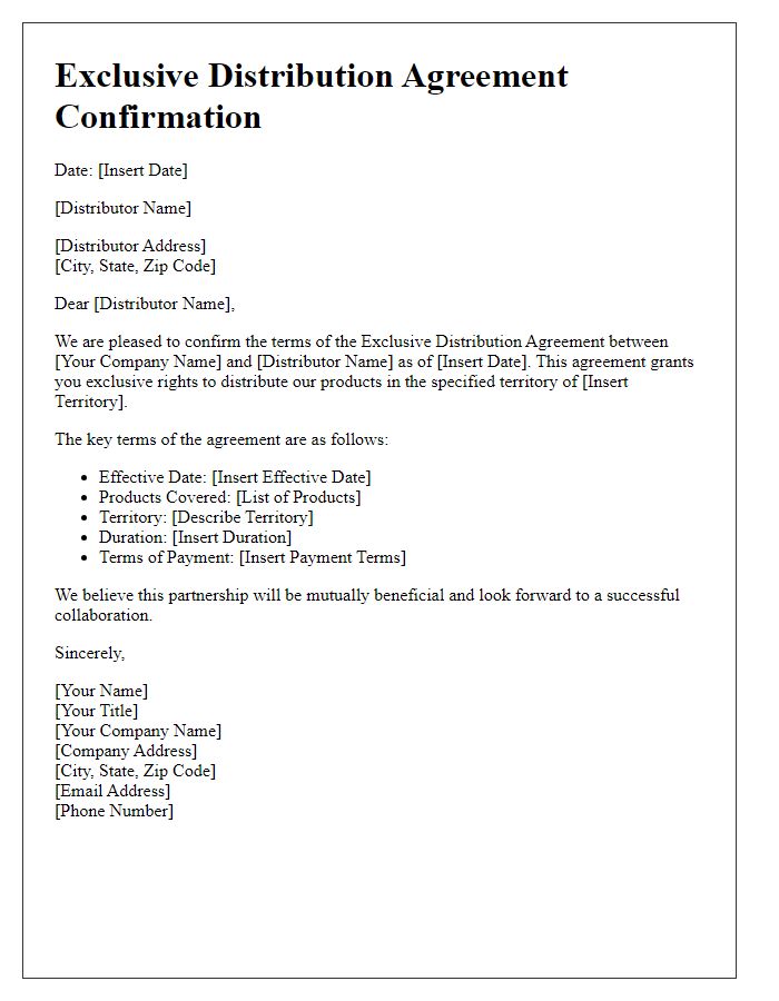 Letter template of exclusive distribution agreement confirmation