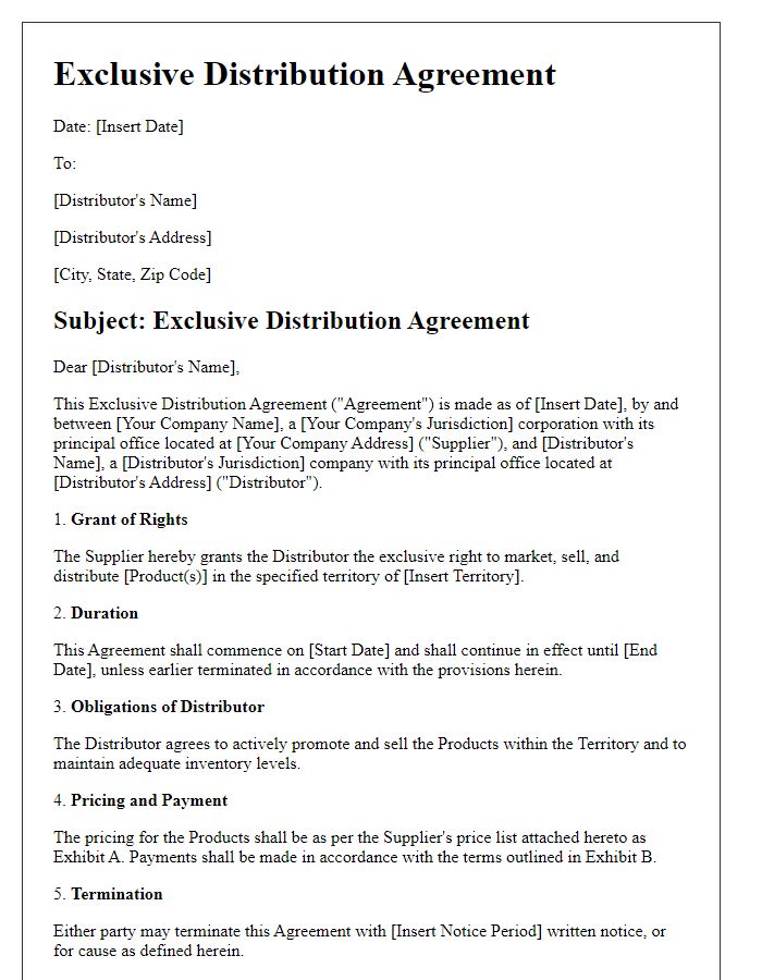 Letter template of exclusive distribution agreement for international markets