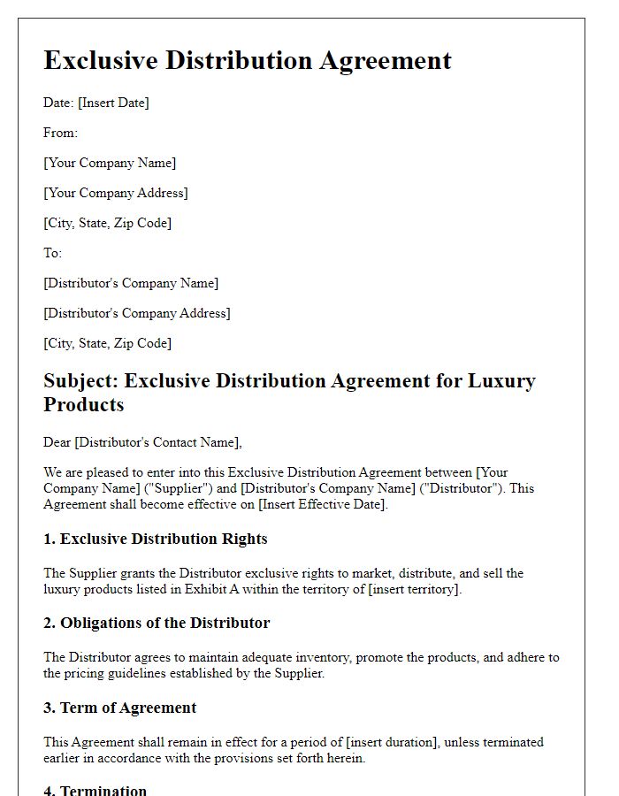 Letter template of exclusive distribution agreement for luxury products