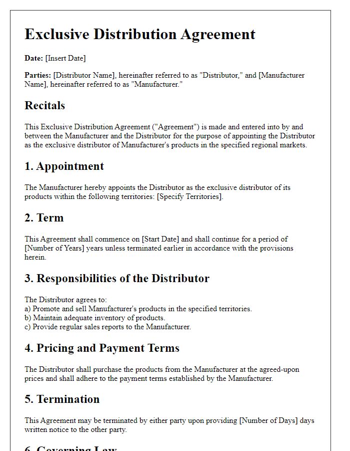 Letter template of exclusive distribution agreement for regional markets