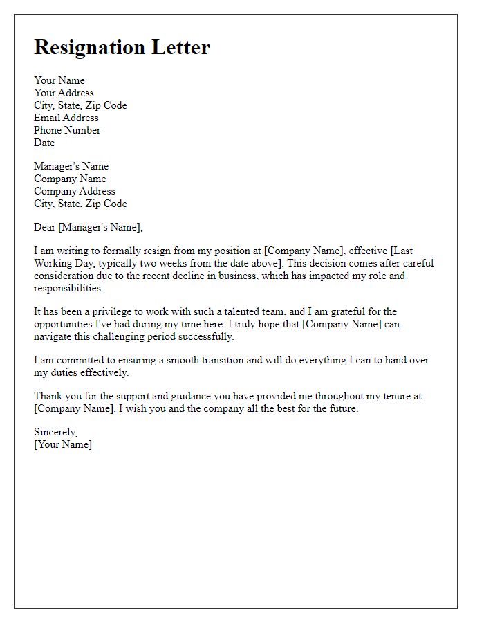 Letter template of resignation stemming from business decline