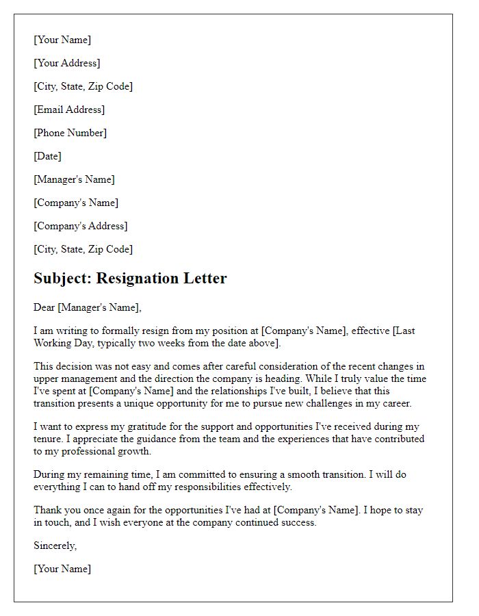 Letter template of resignation addressing changes in upper management