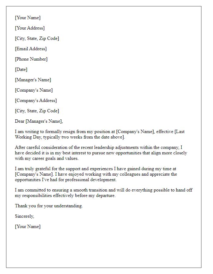 Letter template of resignation considering recent leadership adjustments