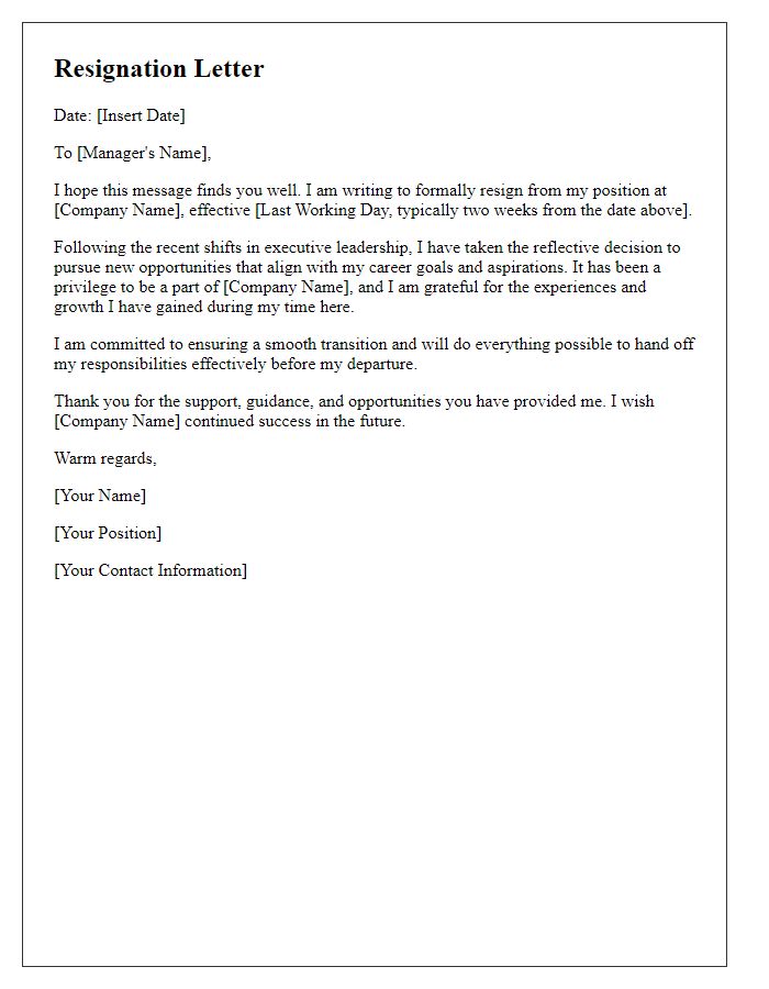 Letter template of resignation following executive leadership shift