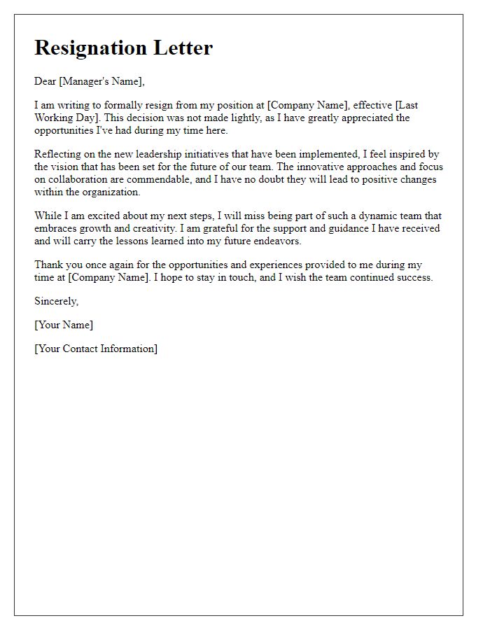 Letter template of resignation reflecting on new leadership initiatives