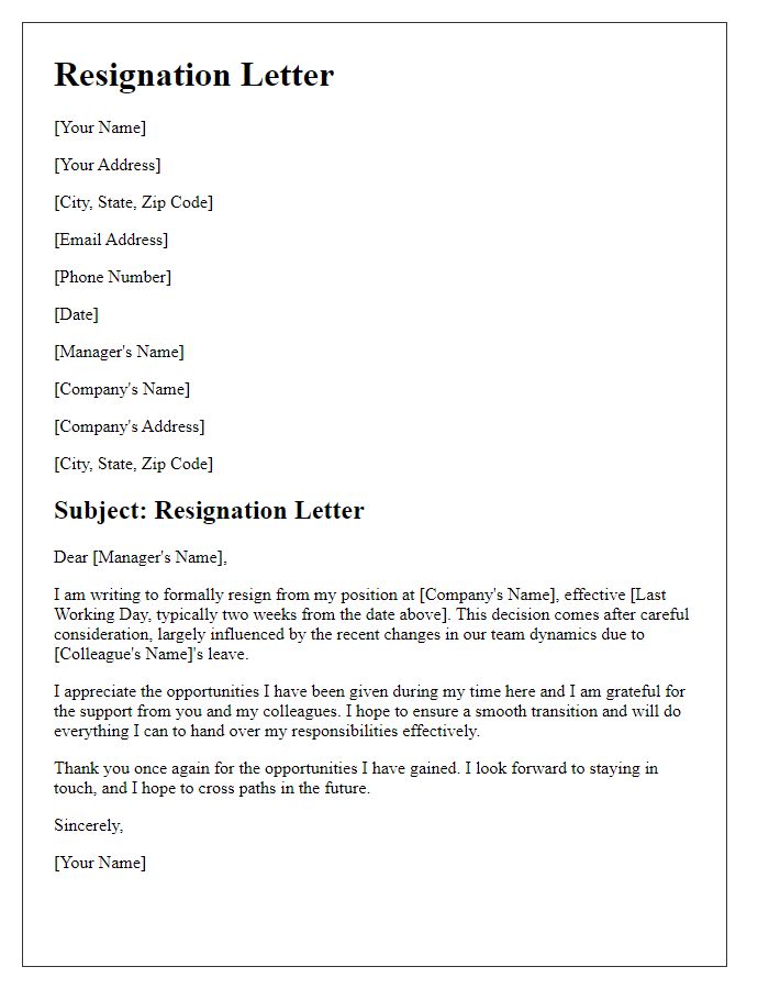 Letter template of resignation based on colleague's leave