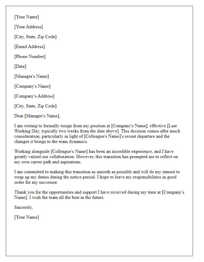 Letter template of resignation following a colleague's exit