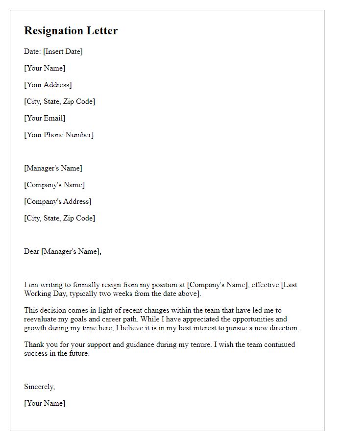 Letter template of resignation in light of team changes