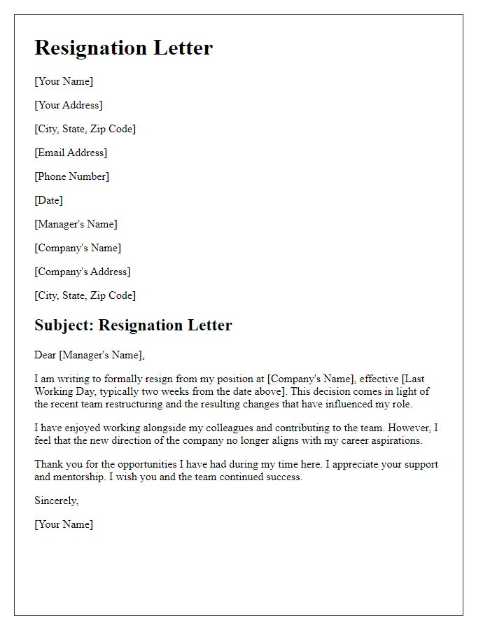 Letter template of resignation influenced by team restructuring