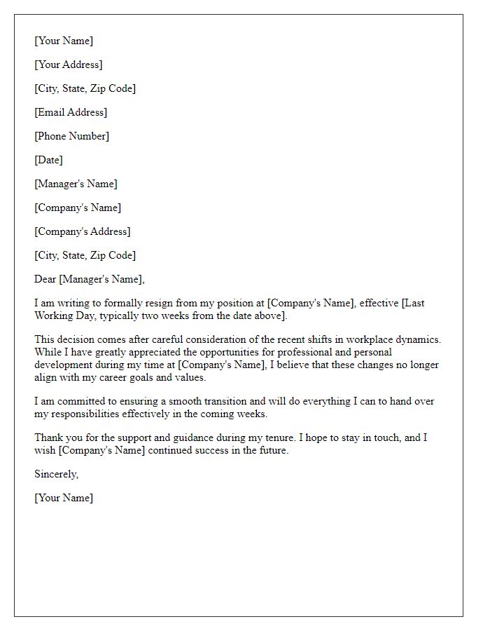 Letter template of resignation triggered by workplace dynamics shift