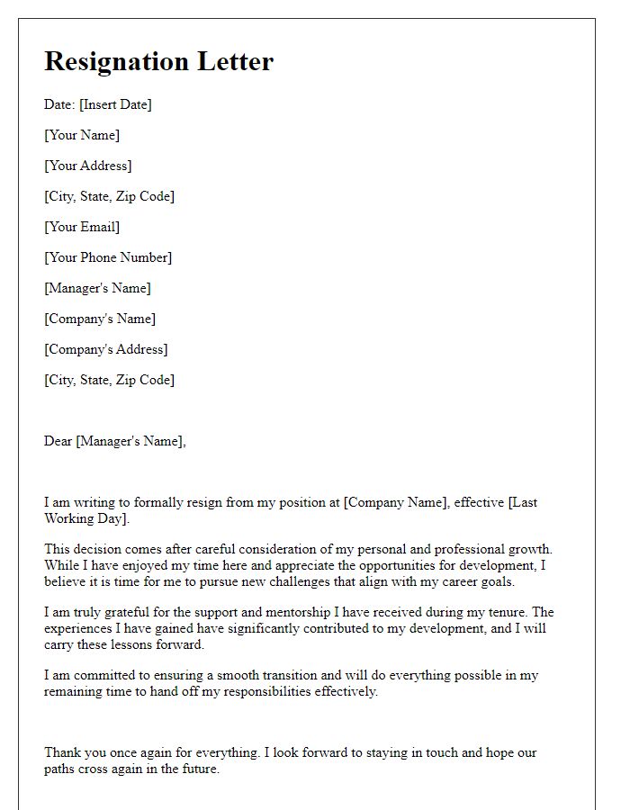 Letter template of resignation with emphasis on personal development