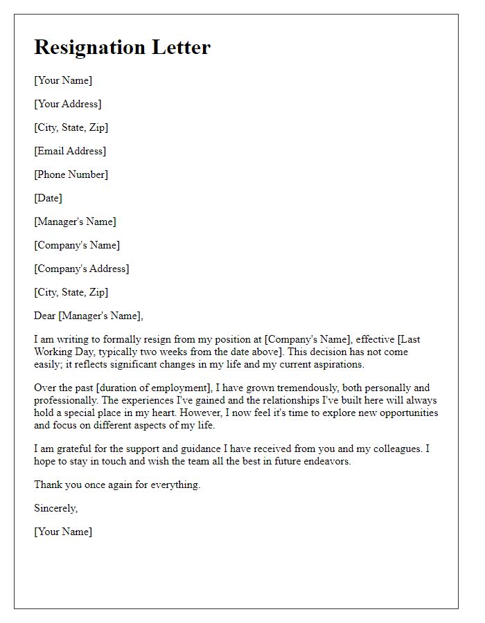 Letter template of resignation reflecting on life changes