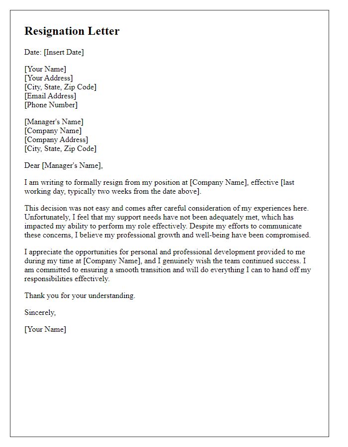 Letter template of resignation referencing unmet support needs.