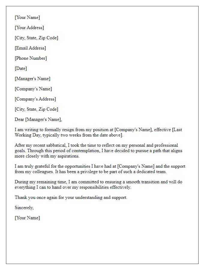 Letter template of resignation due to personal reflection post-sabbatical