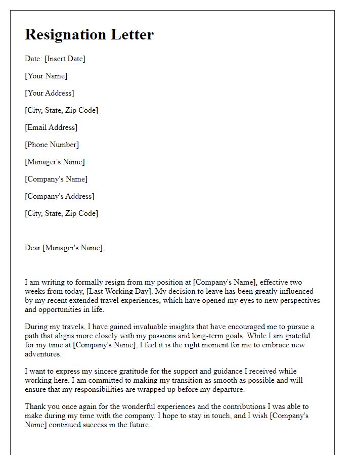 Letter template of resignation influenced by extended travel experiences