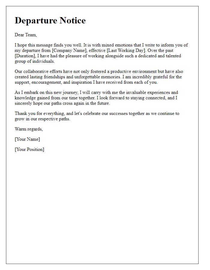 Letter template of departure notice celebrating a collaborative environment