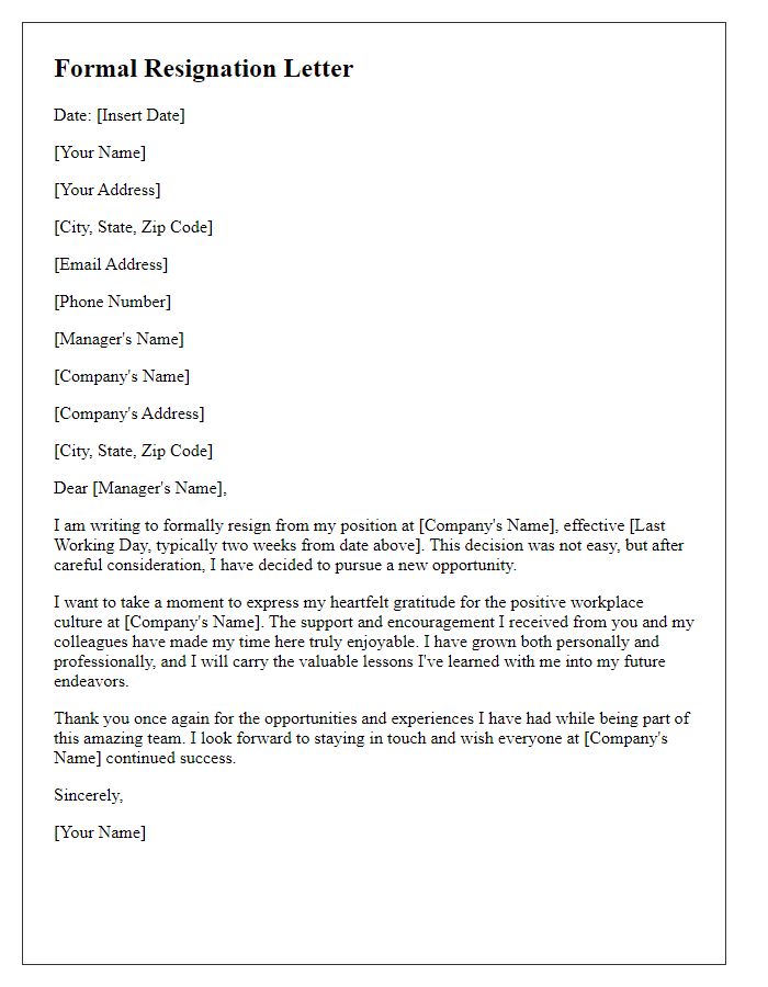 Letter template of formal resignation highlighting positive workplace culture