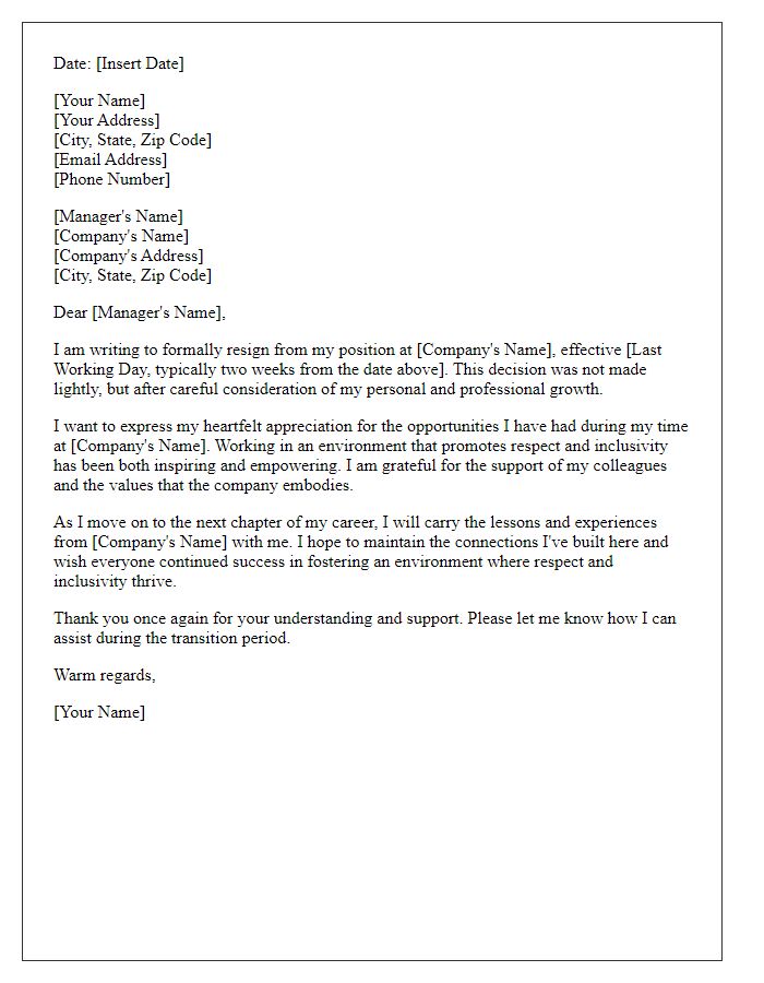 Letter template of resignation emphasizing respect and inclusivity in the workplace