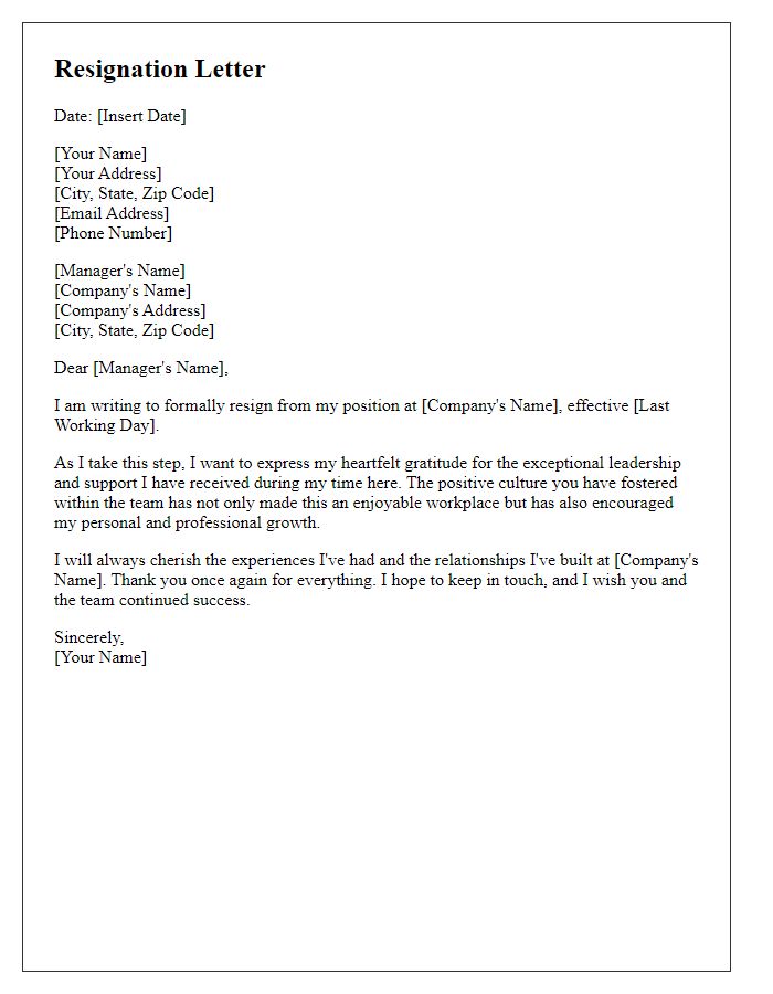 Letter template of resignation thanking leadership for fostering a great culture